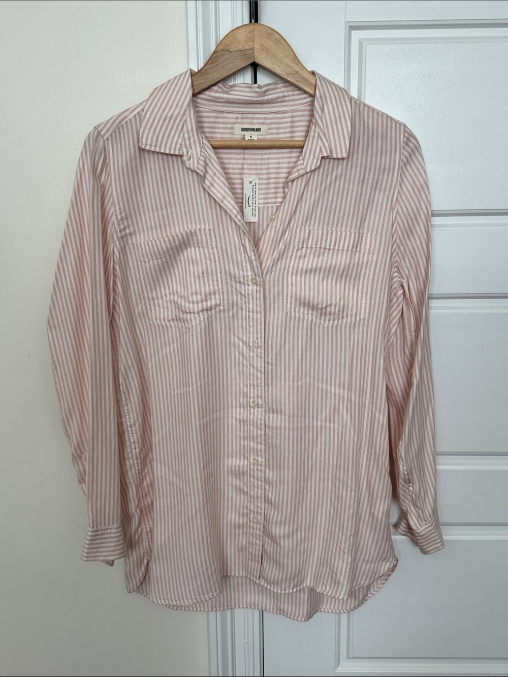 NEW Good Threads Women’s Oversized Button-Up Shirt Top Pink White Stripes, Small